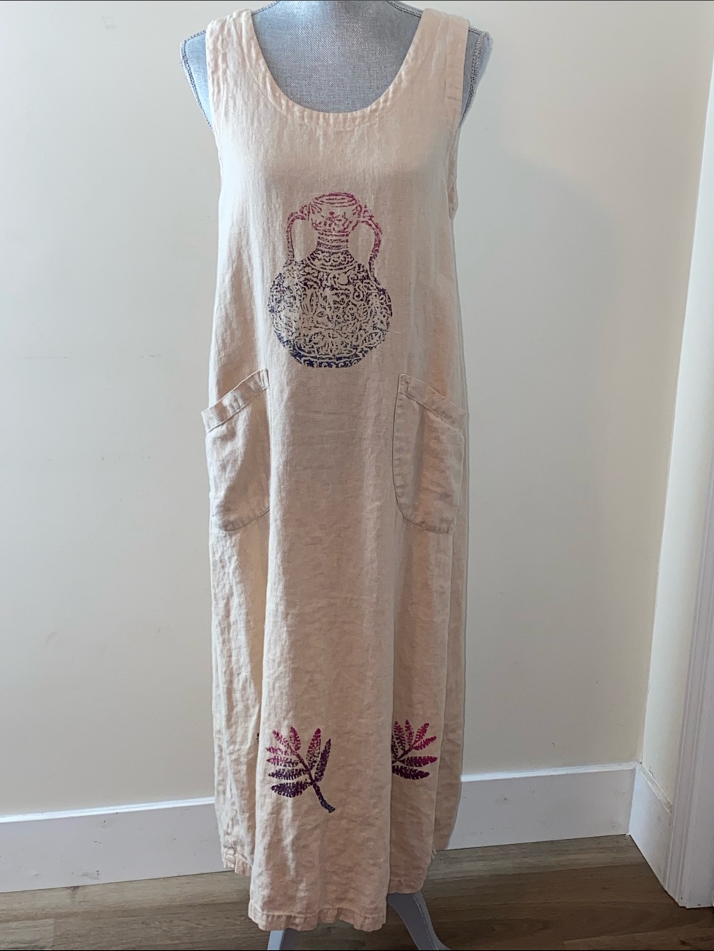 Vintage Art To Wear Sleeveless Linen Maxi Dress with Stamped Vase Floral Small